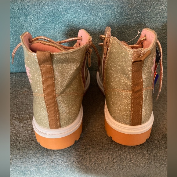 Beverly Hills Polo Club Gold Glitter Boots Lace Up Side Zip Sz 6 Pink Lining Fab - Picture 7 of 9